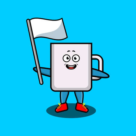Cute cartoon Coffee tea cup mascot character with white flag in modern design for t-shirt, sticker, logo elementのイラスト素材