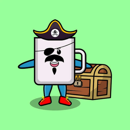 Cute cartoon character Coffee tea cup pirate with treasure box in modern style design for t-shirt, sticker logo elementのイラスト素材