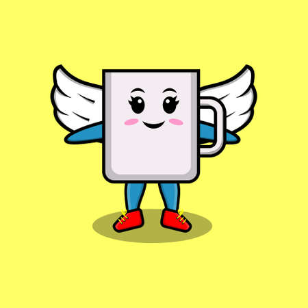 Cute cartoon coffee tea cup character wearing wings in modern style design for t-shirt, sticker, logo element, posterのイラスト素材