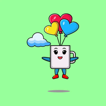 Cute cartoon Coffee tea cup mascot is skydiving with balloon and happy gesture cute modern style design for t-shirt, sticker, logo elementのイラスト素材