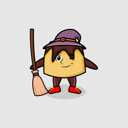 Cute cartoon witch shaped cake mascot with hat and broomstick cute modern stylish design for t-shirt, sticker, logo elementsのイラスト素材