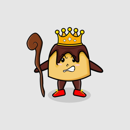 Cute cartoon cake mascot as wise king with golden crown and wooden stick cute modern style design for t-shirt, sticker, logo elementのイラスト素材