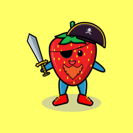 Cute cartoon mascot character strawberry pirate with hat and holding sword in modern design for t shirt, sticker, logo elementのイラスト素材