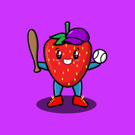 Cute cartoon mascot character strawberry playing baseball in modern style design for t-shirt, sticker, and logo elementsのイラスト素材