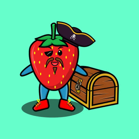 Cute cartoon character Strawberry pirate with treasure box in modern style design for t-shirt, sticker logo elementのイラスト素材