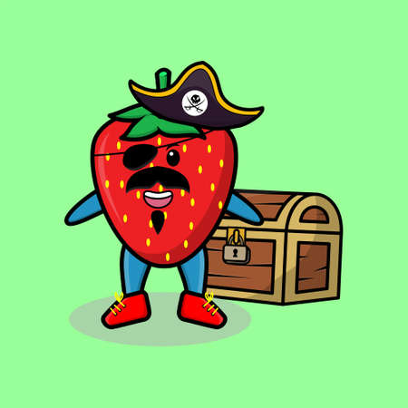 Cute cartoon character Strawberry pirate with treasure box in modern style design for t-shirt, sticker logo elementのイラスト素材