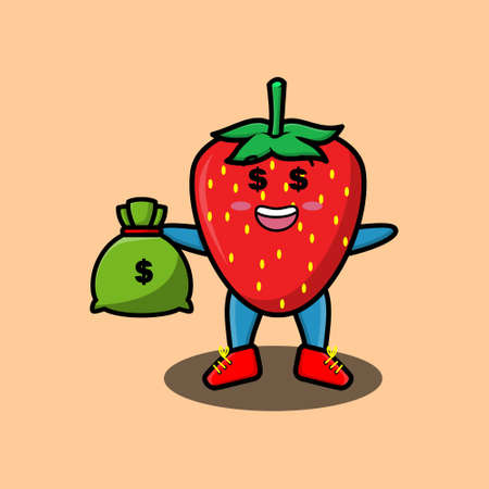 Cute cartoon Crazy rich strawberry with bank sack shaped funny in modern design for t-shirt, sticker, logo elementのイラスト素材