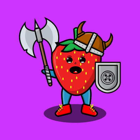 Cute cartoon character Strawberry viking pirate with hat and holding ax and shield in modern design for t-shirt, sticker, logo element, posterのイラスト素材