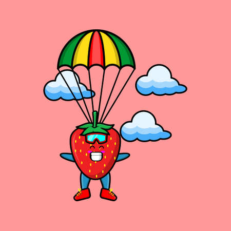 Cute mascot cartoon Strawberry is skydiving with parachute and happy gesture cute modern style design for t-shirt, sticker, logo elementのイラスト素材