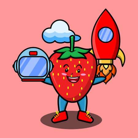 Cute mascot cartoon character Strawberry as astronaut with rocket, helm, and cloud in cute style for t-shirt, sticker, logo element, posterのイラスト素材