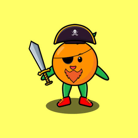 Cute cartoon mascot character orange pirate with hat and holding sword in modern design for t shirt, sticker, logo elementのイラスト素材