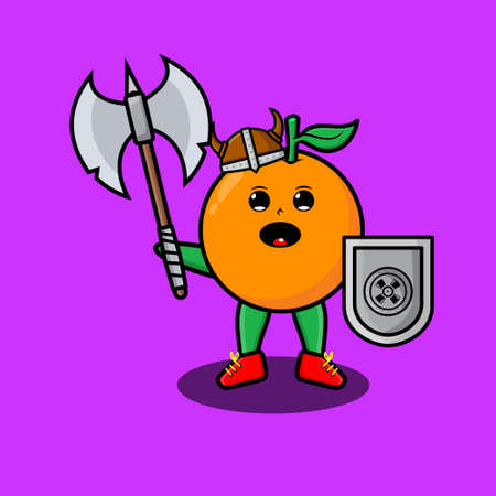 Cute cartoon character Orange viking pirate with hat and holding ax and shield in modern design for t-shirt, sticker, logo element, posterのイラスト素材