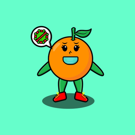 Cute cartoon mascot illustration orange using mask to prevent corona virus in cute modern style design for t-shirt, sticker, logo element, posterのイラスト素材