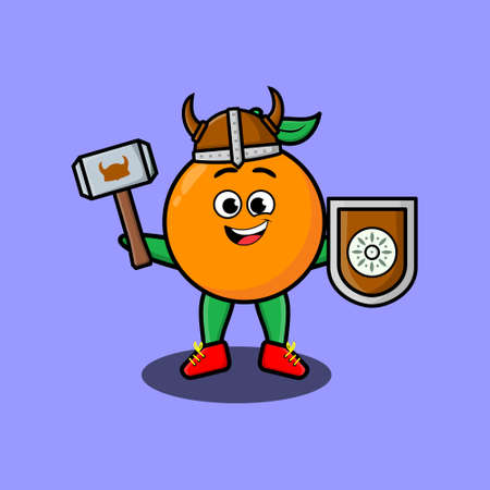 Cute cartoon character Orange viking pirate with hat and holding hammer and shield in cute style design for t-shirt, sticker, logo element, posterのイラスト素材