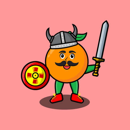 Cute cartoon character Orange viking pirate with hat and holding sword and shield in cute modern style design for t-shirt, sticker, logo element, posterのイラスト素材