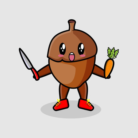 Cute cartoon mascot character acorn holding knife and carrot in modern style designのイラスト素材