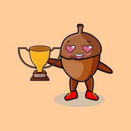 Cute Cartoon character illustration of acorn is holding up the golden trophy with happy gestureのイラスト素材