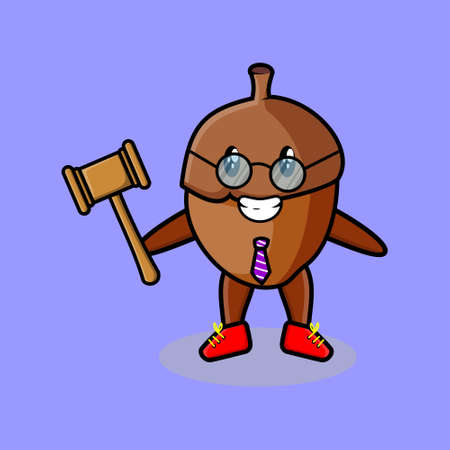 Cute cartoon wise judge acorn wearing glasses and holding a hammer with cute modern style designのイラスト素材
