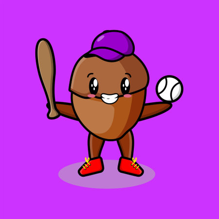 Cute cartoon mascot character acorn playing baseball in modern style design for t-shirt, etc.のイラスト素材
