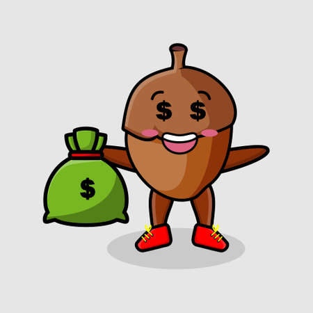 Cute cartoon Crazy rich acorn with money bag shaped funny in modern design for t-shirt, sticker, etcのイラスト素材