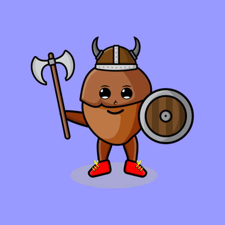 Cute cartoon character Acorn viking pirate with hat and holding ax and shield in modern design for t-shirt, sticker, logo element, posterのイラスト素材