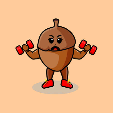 Cute cartoon acorn is fitness with barbell in modern style design for t-shirt, sticker, logo elementのイラスト素材