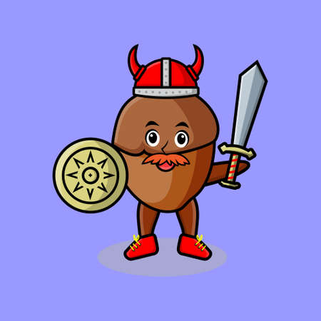 Cute cartoon character Acorn viking pirate with hat and holding sword and shieldのイラスト素材