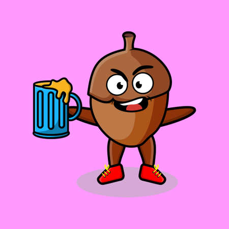 Acorn cartoon mascot character with beer glass and cute stylish designのイラスト素材