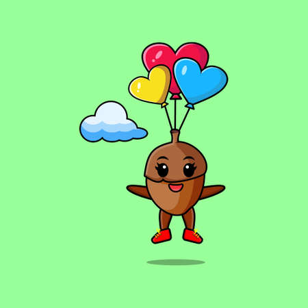 Cute cartoon Acorn mascot is skydiving with balloon and happy gesture cute modern style designのイラスト素材