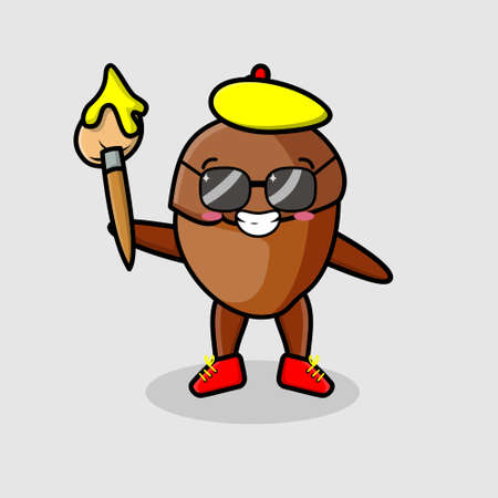 Cute cartoon character Acorn painter with hat and a brush to draw in cute design style designのイラスト素材