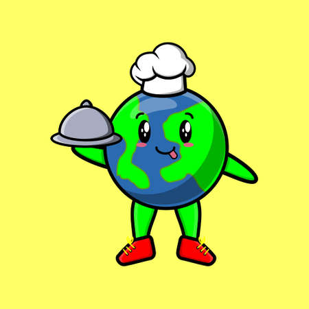 Cute Cartoon chef earth mascot character serving food on tray cute style design for t-shirt, sticker, logo elementのイラスト素材