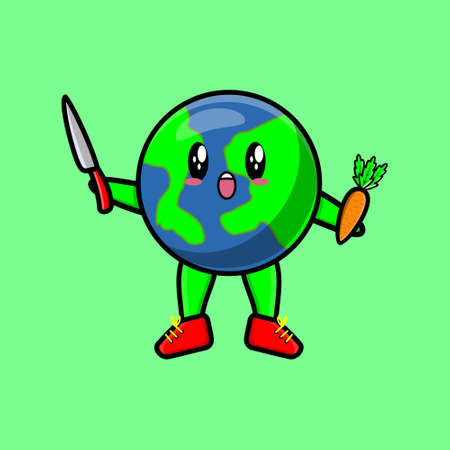 Cute cartoon mascot character earth holding knife and carrot in modern style design for t-shirt, etcのイラスト素材