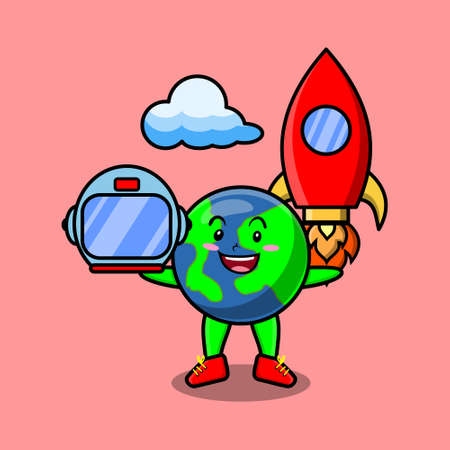 Cute mascot cartoon character Earth as astronaut with rocket, helm, and cloud in cute styleのイラスト素材