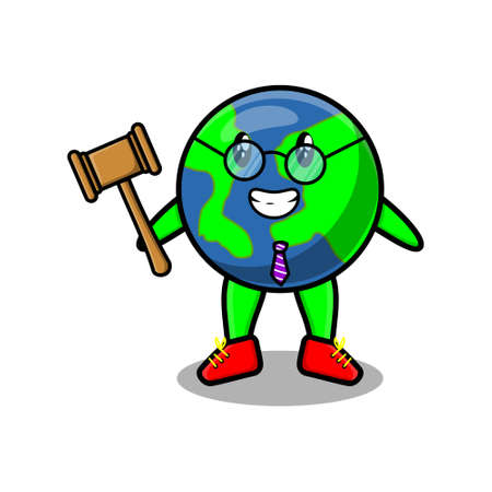 Cute cartoon mascot character wise judge earth wearing glasses and holding a hammer with cute modern style design for t-shirt, sticker, logo elementのイラスト素材