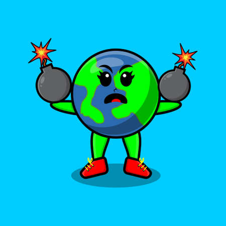 Cute cartoon earth holding bomb with scared expression in 3d modern style designのイラスト素材