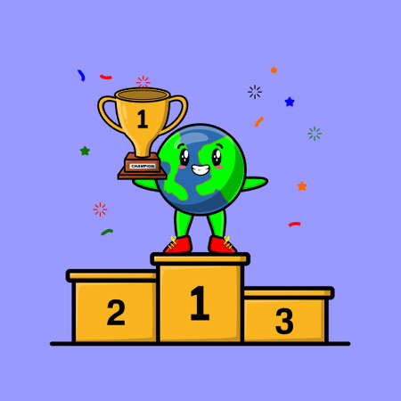 Cute cartoon earth as the first winner with happy expression in 3d modern style designのイラスト素材