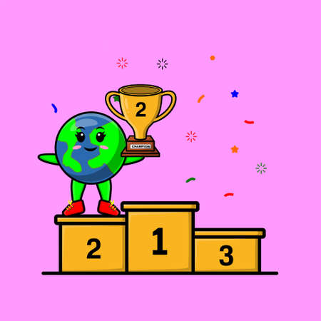 Cute cartoon earth as the second winner with happy expression in 3d modern style designのイラスト素材
