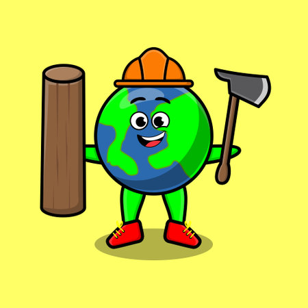 Cute cartoon earth as carpenter character with ax and wood in 3d modern style designのイラスト素材