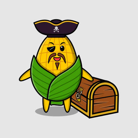 Cute cartoon character Corn pirate with treasure box in modern style designのイラスト素材