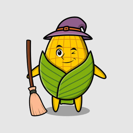 Cute cartoon witch shaped corn character with hat and broomstick cute modern stylish designのイラスト素材