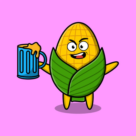 Corn cartoon mascot character with beer glass and cute stylish design for t-shirt, sticker, logo elementsのイラスト素材
