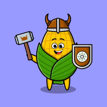 Cute cartoon character Corn viking pirate with hat and holding hammer and shield in cute style design for t-shirt, sticker, logo element, posterのイラスト素材