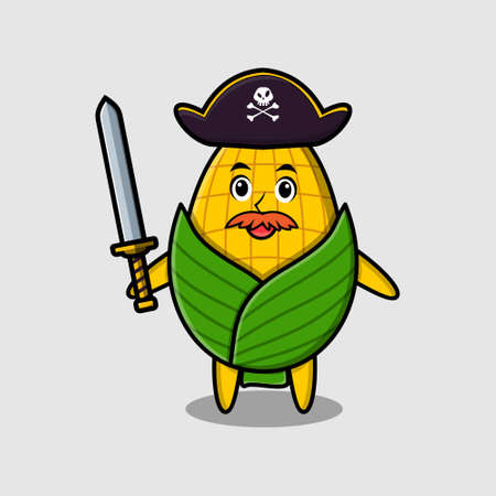 Cute cartoon mascot character corn pirate with hat and holding sword in modern designのイラスト素材