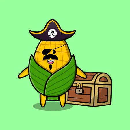 Cute cartoon character Corn pirate with treasure box in modern style designのイラスト素材