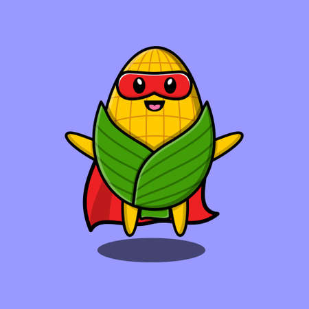 Cute corn superhero character flaying illustration cartoon vector in concept 3d modern style designのイラスト素材