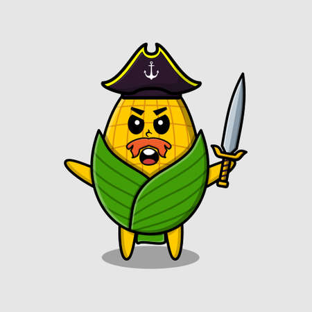 Cute cartoon mascot character corn pirate with hat and holding sword in modern designのイラスト素材