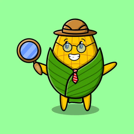 Cute cartoon character Corn detective is searching with magnifying glass and cute style design for t-shirt, sticker, logo elementのイラスト素材