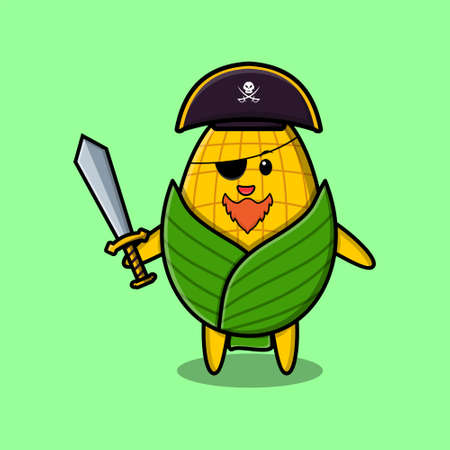 Cute cartoon mascot character corn pirate with hat and holding sword in modern designのイラスト素材