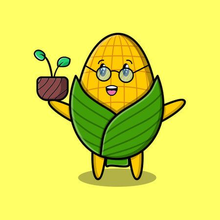 Cute cartoon corn holding plant in a pot 3d modern style designのイラスト素材