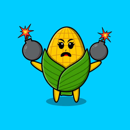 Cute cartoon corn holding bomb with scared expression in 3d modern style designのイラスト素材